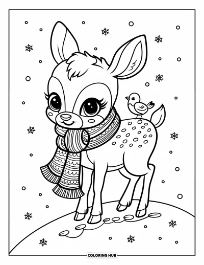 Coloriage de cerfs pour adultes : Un cerf avec une épaisse écharpe se tient dans la neige pendant qu’un petit oiseau se repose à côté