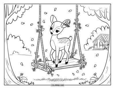 Coloriage de cerfs pour adultes : Un cerf sur une balançoire entourée de fleurs penche légèrement, tandis que des pétales et des feuilles flottent autour