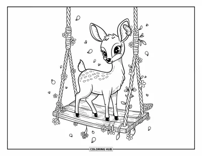 Coloriage de cerfs pour adultes : Un cerf sur une balançoire enroulée de fleurs se balance doucement pendant qu’un papillon se pose tout près