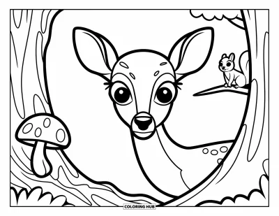 Coloriage de cerfs pour adultes : Un cerf passe la tête derrière un arbre tandis qu’un écureuil est perché à côté, entouré de champignons
