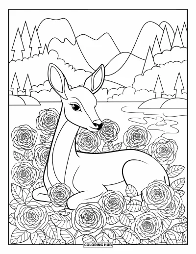 Coloriage de cerfs pour adultes : Un cerf se repose parmi des roses finement dessinées dans un décor floral paisible