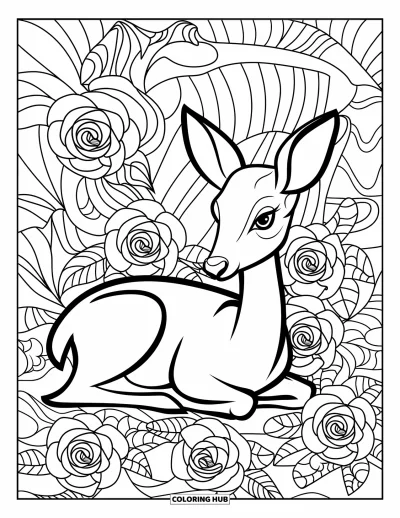 Coloriage de cerfs pour adultes : Un cerf se repose dans un champ de roses, chaque pétale étant orné de motifs détaillés