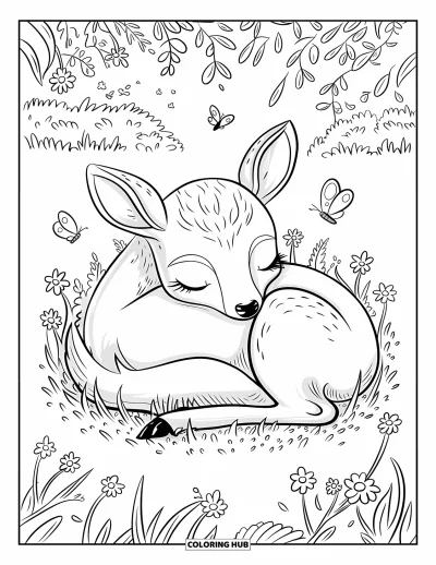 Coloriage de cerfs pour adultes : Un cerf se repose paisiblement dans une prairie tandis que des papillons volètent dans la brise tiède