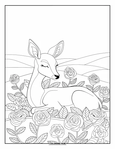 Coloriage de cerfs pour adultes : Un cerf dort paisiblement parmi des roses, avec un paysage pittoresque en arrière-plan