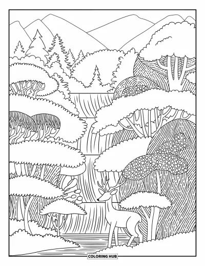Coloriage de cerfs pour adultes : Un cerf se tient parmi des arbres à l’écorce ornée de motifs, avec une cascade en arrière-plan