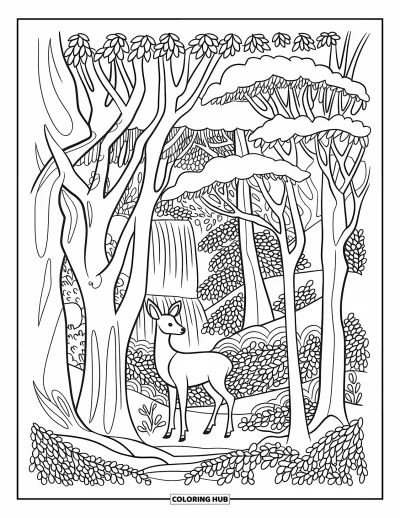 Coloriage de cerfs pour adultes : Un cerf se tient dans une forêt dense, entouré d’arbres détaillés et d’une cascade cachée
