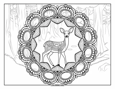 Coloriage de cerfs pour adultes : Un cerf se tient dans une forêt, entouré d’une bordure florale ajourée très détaillée