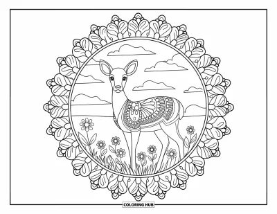 Coloriage de cerfs pour adultes : Un cerf se tient dans une prairie, entouré d’un motif floral complexe sous un ciel nuageux