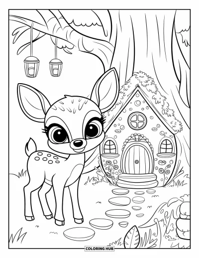 Coloriage de cerfs pour adultes : Un cerf se tient près d’une maison de fée chaleureuse nichée au pied d’un grand arbre