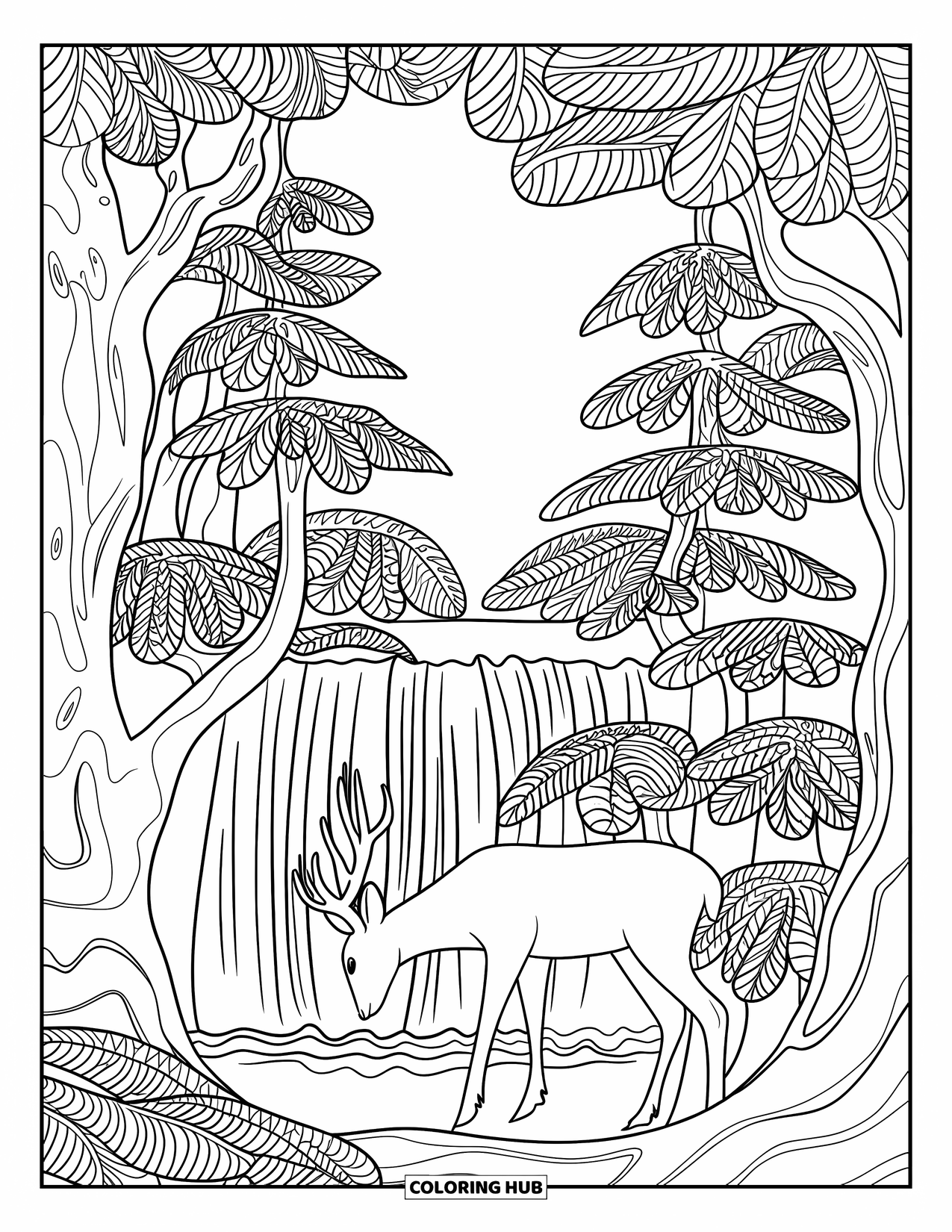 Deer Coloring Page for Adults: A deer stands near a hidden waterfall in a detailed and textured forest scene