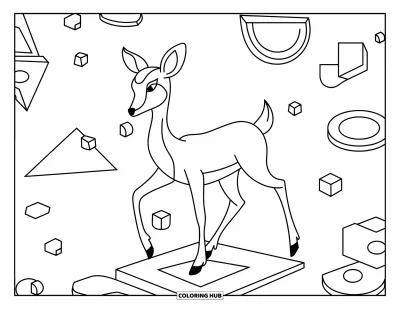 Coloriage de cerfs pour adultes : Un cerf pose un pas sur un triangle, entouré de formes géométriques flottantes et détaillées