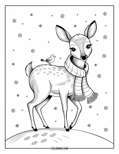 Coloriage de cerfs pour adultes : Un cerf portant une écharpe chaude se tient sur une colline enneigée pendant que de doux flocons tombent