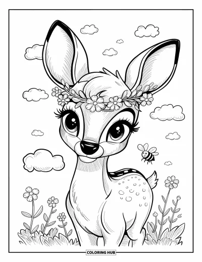 Coloriage de cerfs pour adultes : Un cerf portant une couronne de fleurs incline la tête tandis qu’une petite abeille plane juste à côté