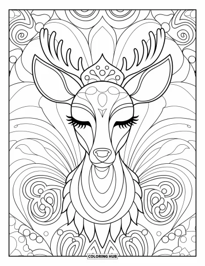 Coloriage de cerfs pour adultes : Un cerf au visage orné de motifs mandala regarde paisiblement, entouré de dessins complexes