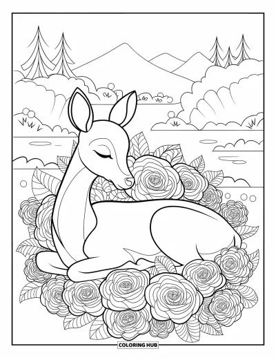 Coloriage de cerfs pour adultes : Un cerf aux yeux fermés est allongé parmi des roses détaillées dans un paysage serein