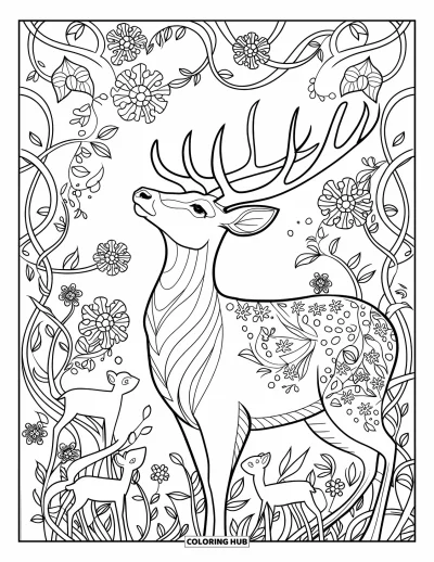 Coloriage de cerfs pour adultes : Un cerf aux bois élégants est entouré de fleurs complexes et de lianes délicates