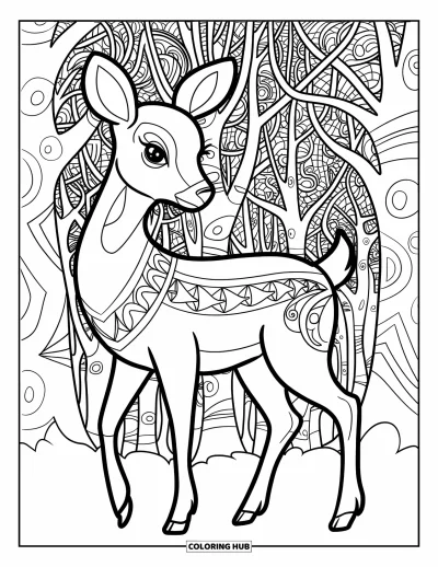 Coloriage de cerfs pour adultes : Un cerf aux élégants motifs tribaux marche dans une forêt remplie de détails complexes