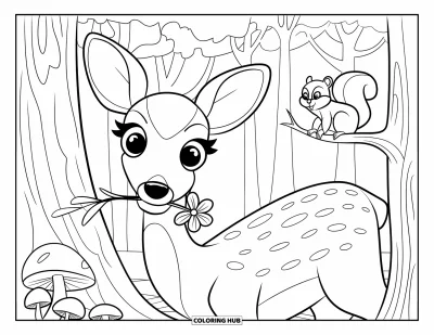 Coloriage de cerfs pour adultes : Un cerf aux yeux expressifs apparaît derrière un arbre, une fleur entre les dents