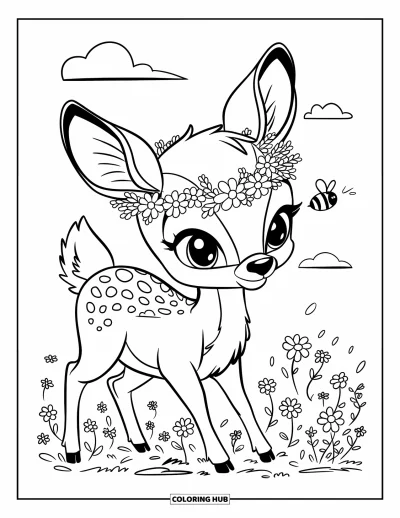 Coloriage de cerfs pour adultes : Un cerf avec des fleurs sur la tête observe une abeille en se tenant dans une prairie en fleurs