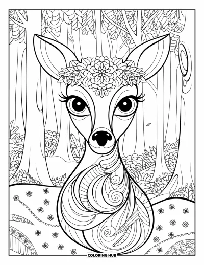 Coloriage de cerfs pour adultes : Un cerf aux grands bois est entouré d’un motif mandala détaillé et d’accents floraux