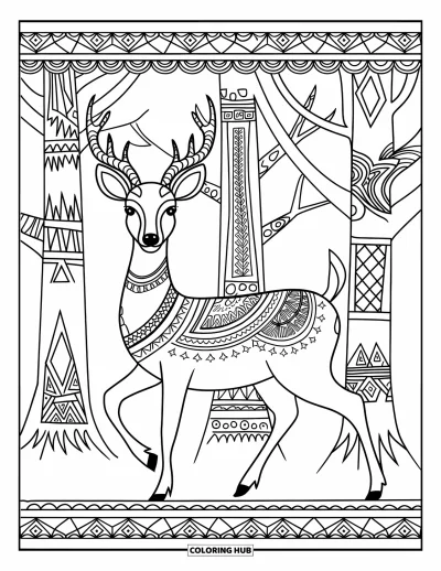 Coloriage de cerfs pour adultes : Un cerf aux motifs tribaux ornementaux se tient dans une forêt d’arbres finement dessinés
