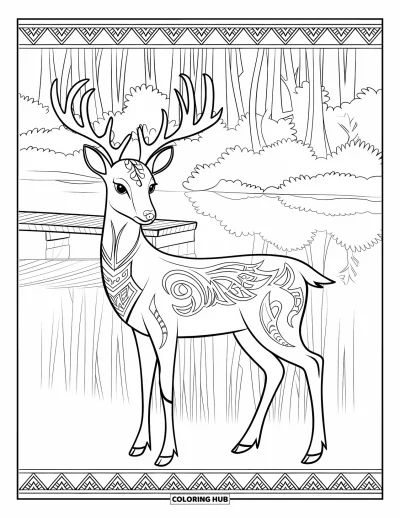 Coloriage de cerfs pour adultes : Un cerf aux motifs tribaux se tient près d’un lac qui reflète la forêt et le ciel