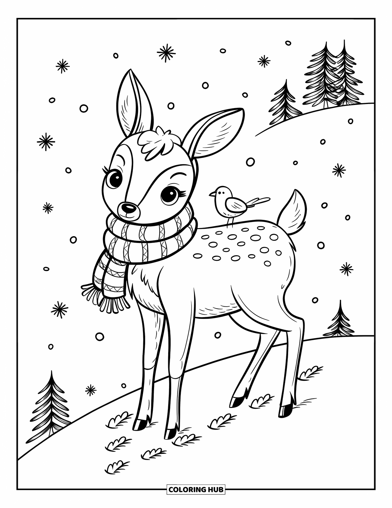 Deer Coloring Page for Adults: A deer wrapped in a fluffy scarf watches snowflakes fall while a bird perches on its back