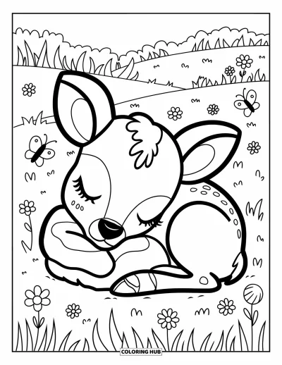 Coloriage de cerfs pour adultes : Un cerf de style kawaii fait la sieste dans une prairie fleurie avec des papillons qui voltigent tout près