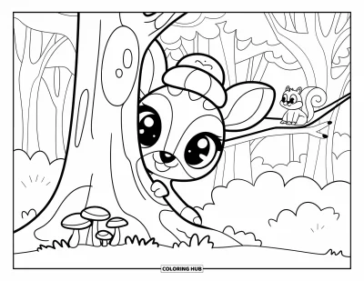 Coloriage de cerfs pour adultes : Un cerf de style kawaii apparaît derrière un arbre, portant un chapeau, pendant qu’un écureuil l’observe