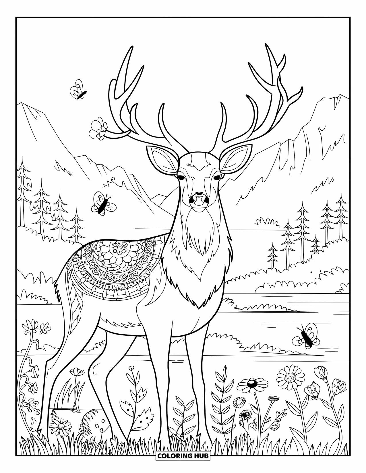 Deer Coloring Page for Adults: A majestic deer with floral-patterned antlers stands in a meadow with butterflies nearby