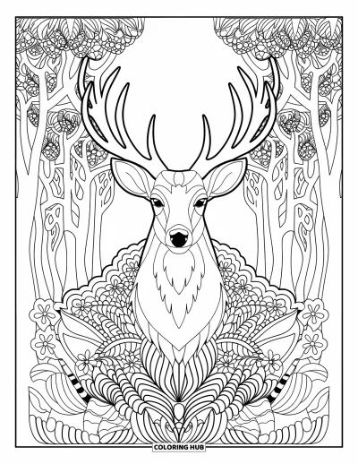Coloriage de cerfs pour adultes : Un cerf majestueux aux grands bois se tient parmi des motifs floraux tourbillonnants et un décor forestier