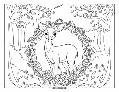 Coloriage de cerfs pour adultes : Un cerf serein est entouré d’un cadre floral ajouré dans un bois paisible