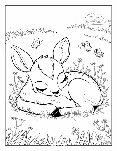 Coloriage de cerfs pour adultes : Un cerf assoupi se recroqueville sur une touffe d’herbe douce, entouré de petites fleurs