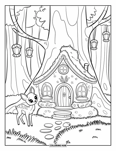 Coloriage de cerfs pour adultes : Un petit cerf contemple une maison de fée avec des lanternes suspendues aux branches au-dessus