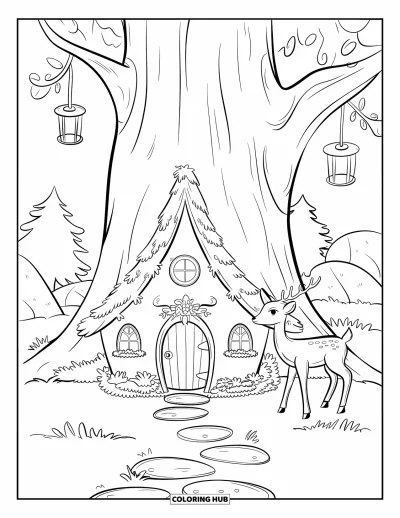 Coloriage de cerfs pour adultes : Un tout petit cerf se tient près d’une charmante maison de fée, avec un chemin de pierre qui mène à l’entrée