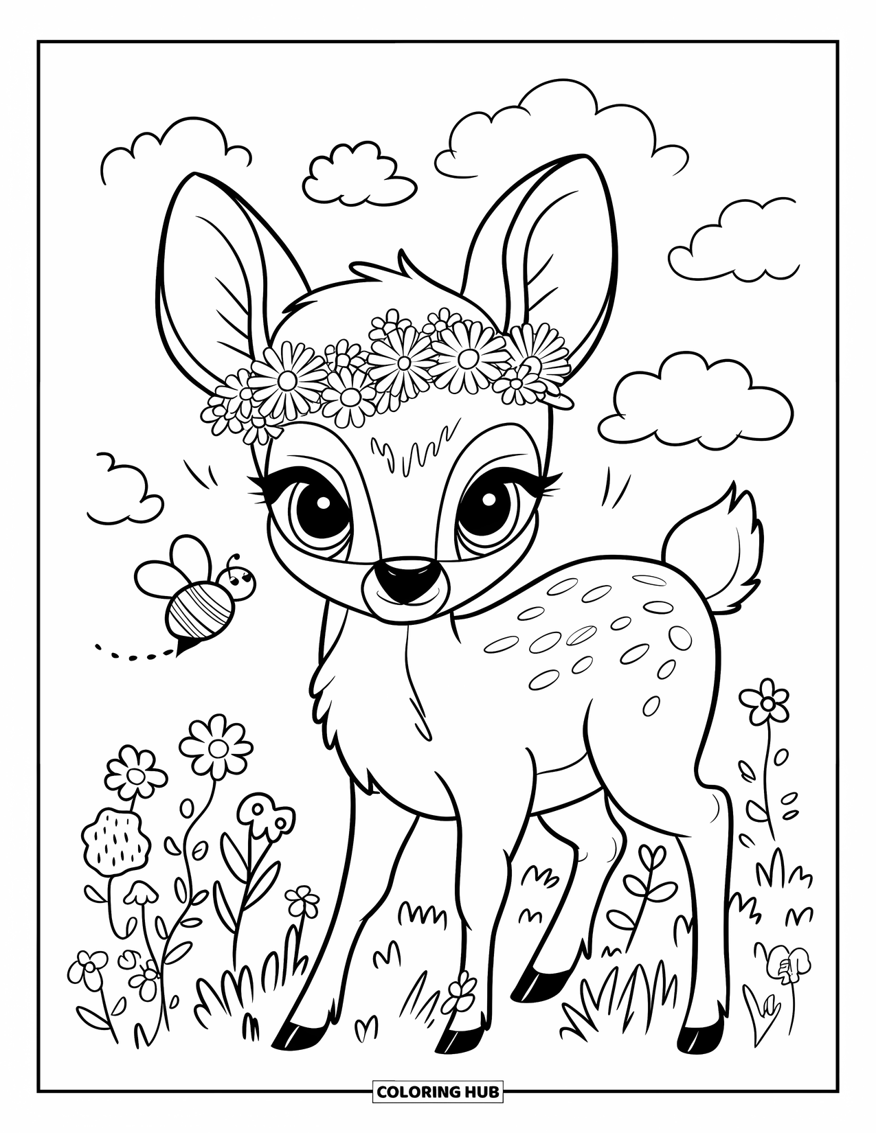 Deer Coloring Page for Adults: A young deer with a floral crown curiously watches a tiny bee buzzing nearby