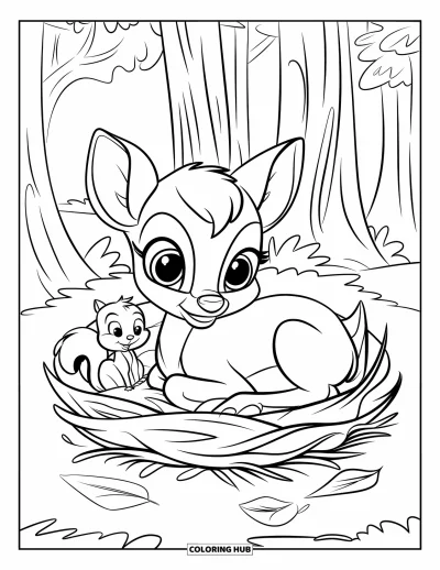 Coloriage de cerfs pour enfants : Un bébé cerf et un écureuil enjoué se reposent ensemble dans une forêt