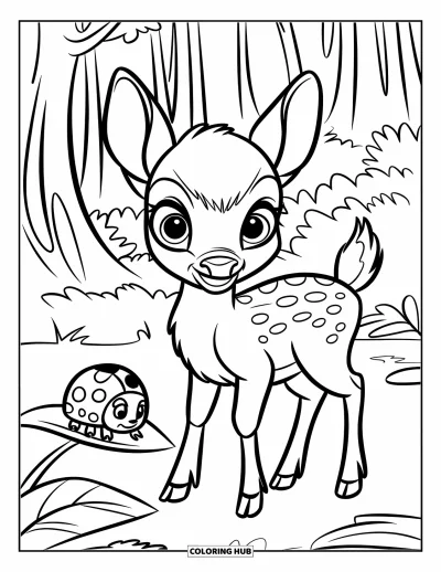 Coloriage de cerfs pour enfants : Un bébé cerf observe avec curiosité une petite coccinelle posée sur une feuille