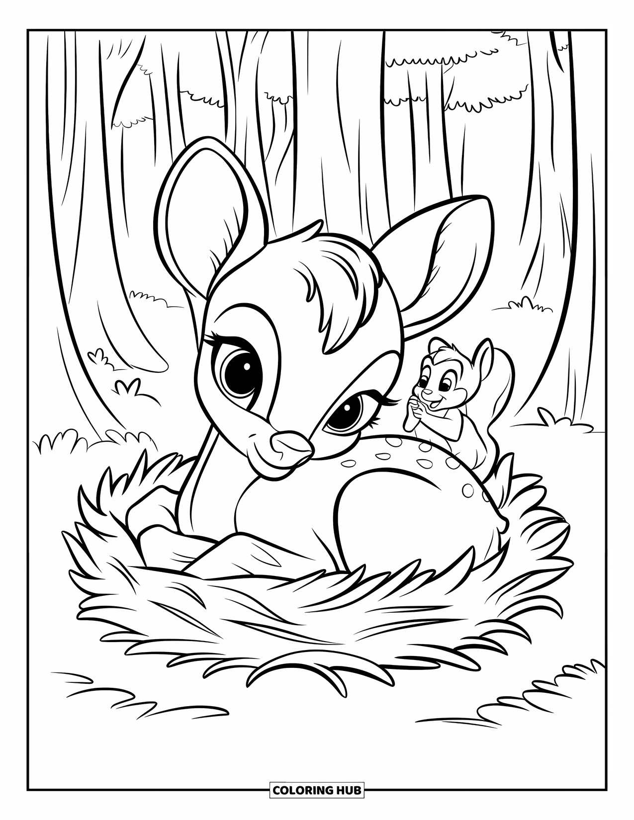Deer Coloring Page for Kids: A baby deer curls up in a cozy nest of leaves with a happy squirrel nearby