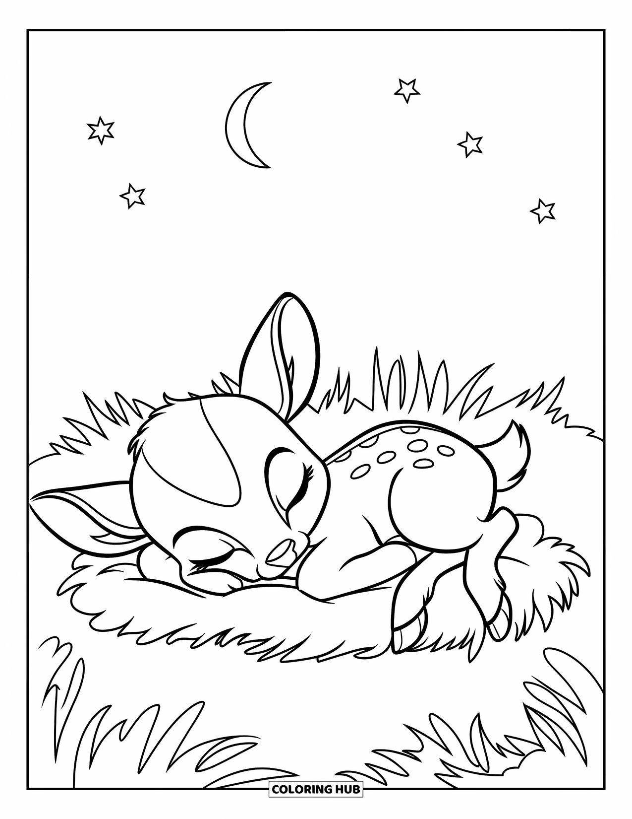 Deer Coloring Page for Kids: A baby deer dozes on grass under a peaceful sky with stars