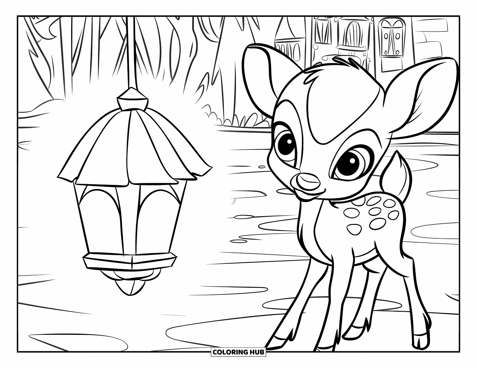 Deer Coloring Page for Kids: A baby deer gazes curiously at a floating lantern in a magical nighttime forest