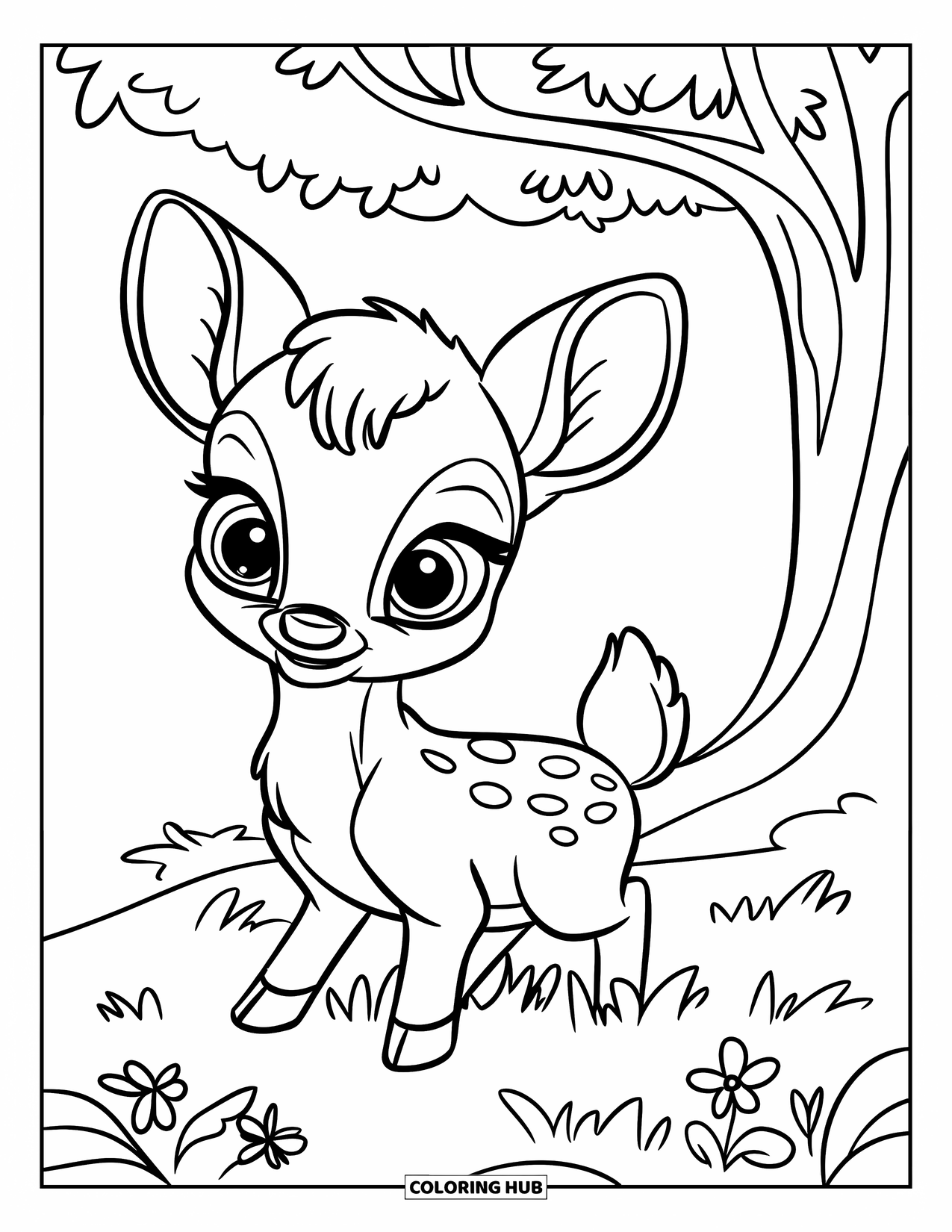 Deer Coloring Page for Kids: A baby deer sits under a tree with delicate flowers around it