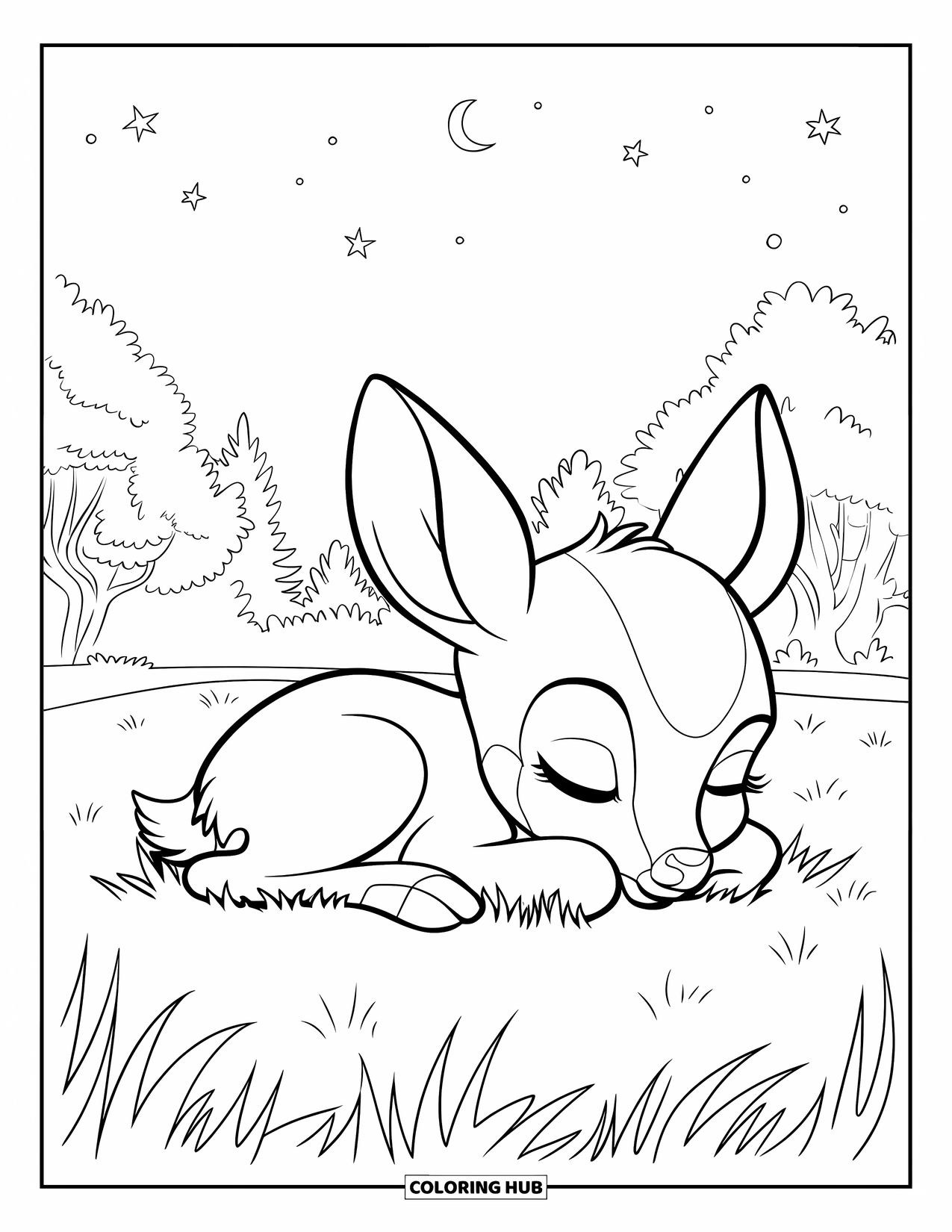 Deer Coloring Page for Kids: A baby deer sleeps peacefully on a grassy patch beneath a starry sky