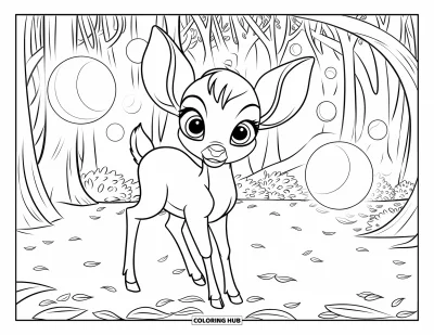 Coloriage de cerfs pour enfants : Un bébé cerf se tient sous des lanternes flottantes dans une forêt nocturne paisible