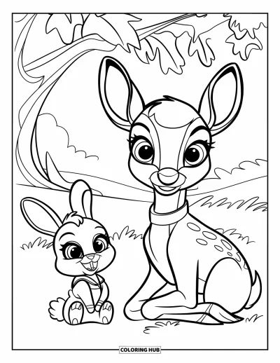 Coloriage de cerfs pour enfants : Un cerf curieux et un lapin tout doux sont assis ensemble sous un grand chêne