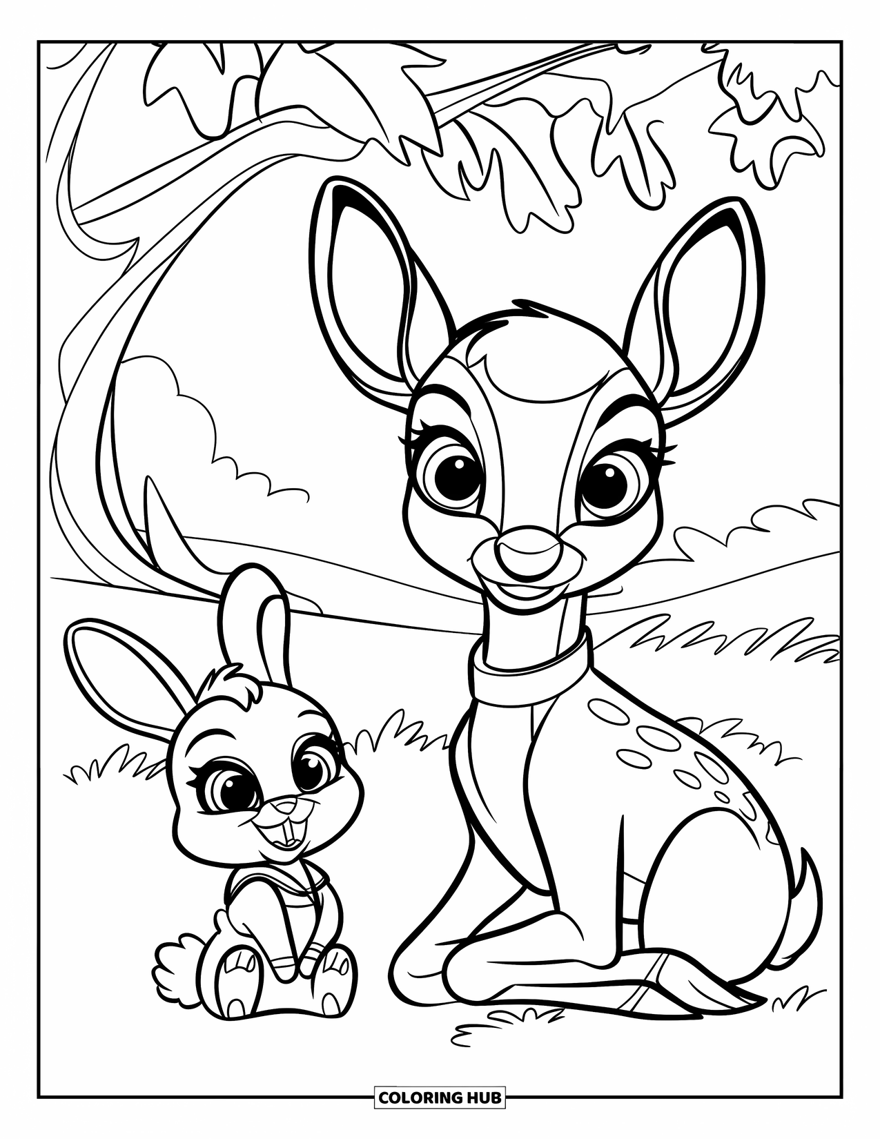 Deer Coloring Page for Kids: A curious deer and a fluffy rabbit sit together beneath a grand oak tree