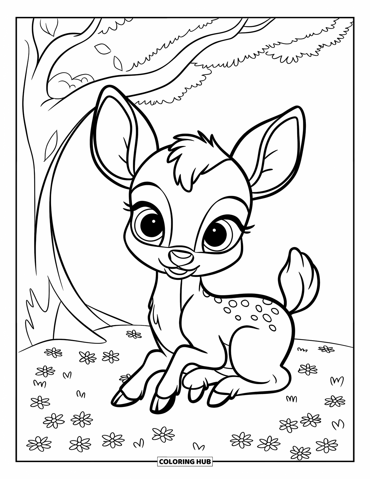Deer Coloring Page for Kids: A cute fawn rests beneath a tree, surrounded by wildflowers