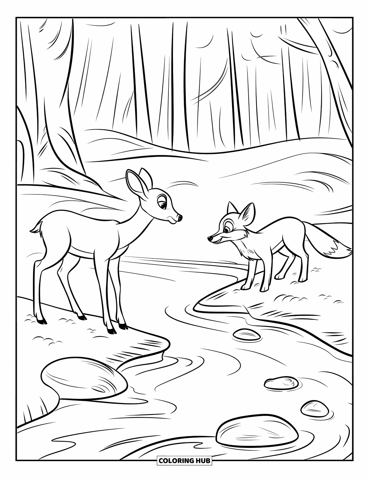 Deer Coloring Page for Kids: A deer and a fox meet at opposite riverbanks, surrounded by lush trees
