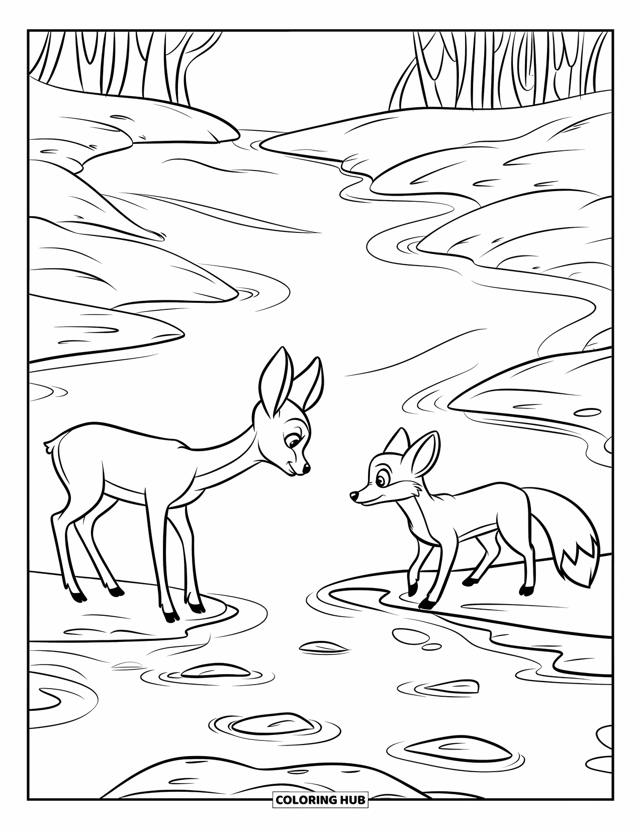 Deer Coloring Page for Kids: A deer and a fox share a quiet moment across a shallow river in the woods