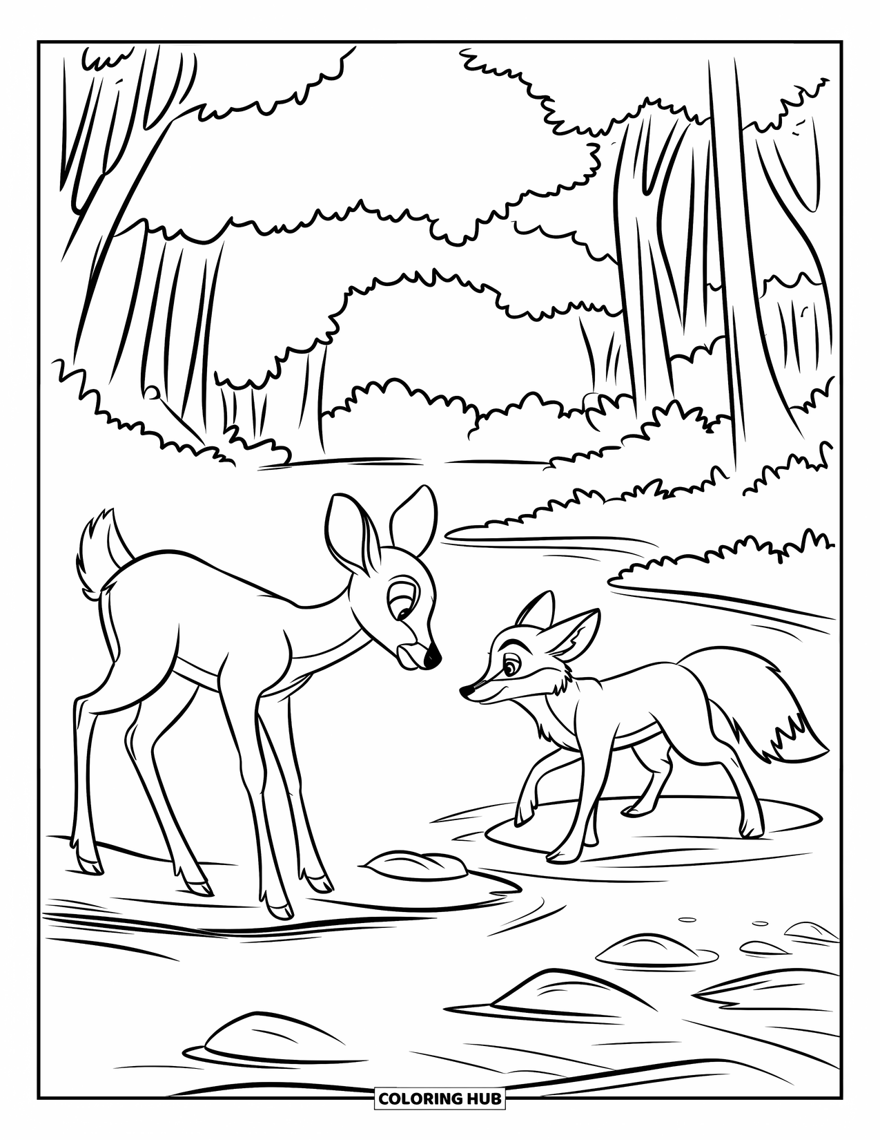 Deer Coloring Page for Kids: A deer and a fox stare at each other across a shallow river in the forest